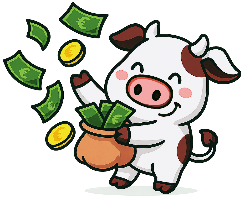 Vaquiña lanzando billetes de euro ao aire